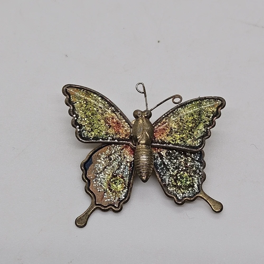 gold tone multicolor glittery butterfly pin